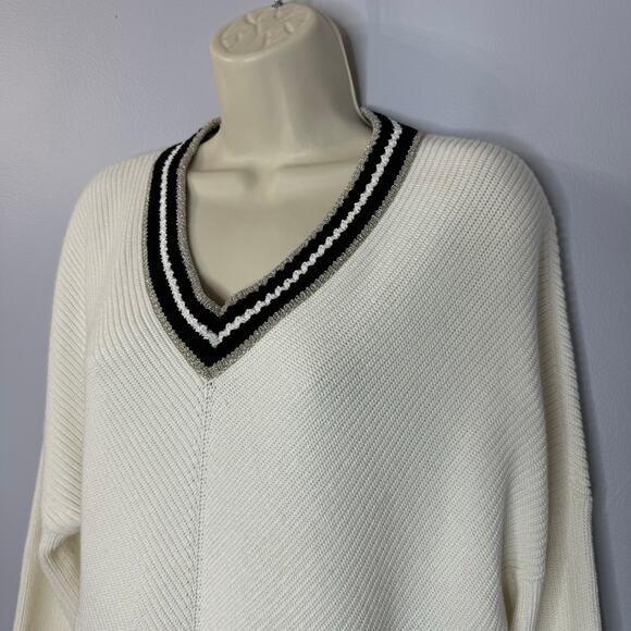 Maje Meteo Ribbed V Neck Sweater Tennis Preppy Cotton Off White Sz 3 Large - Picture 3 of 13